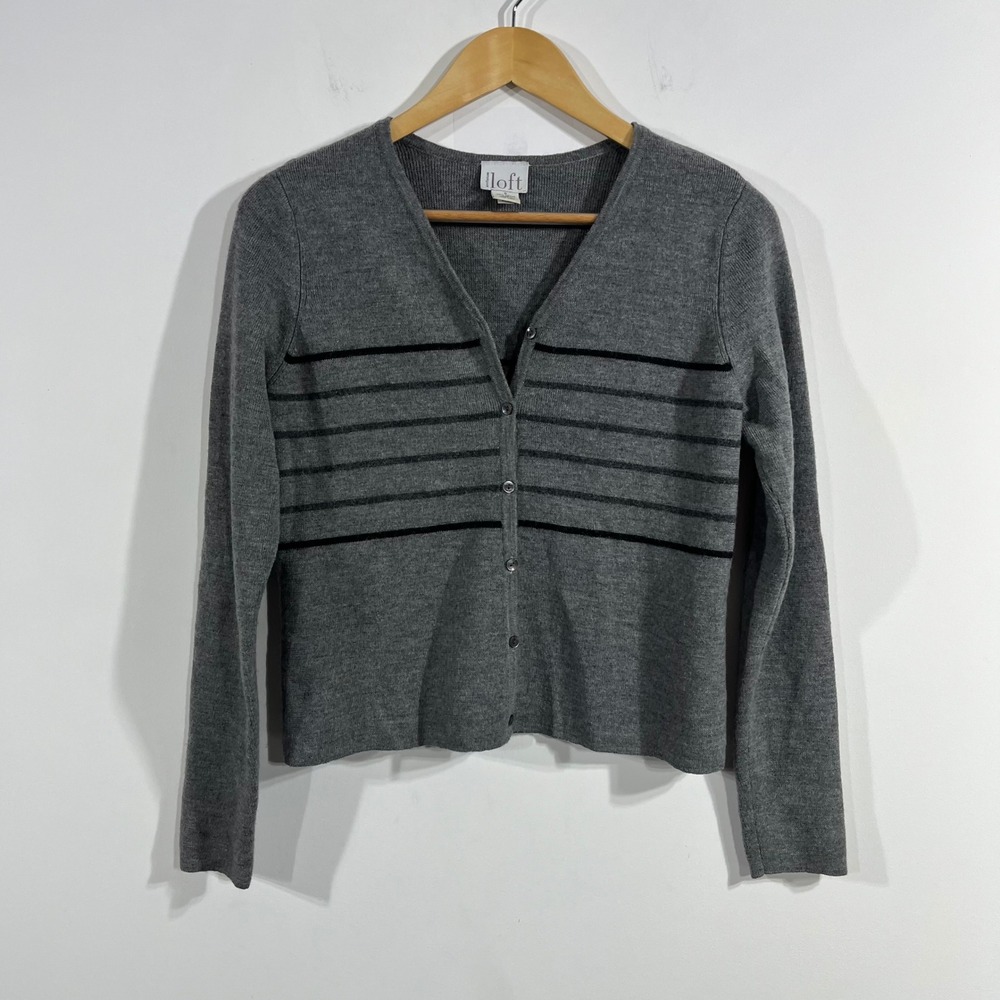 Ann Taylor Parisian Quiet Luxury 100% Merino Wool Striped Cardigan Womens Small